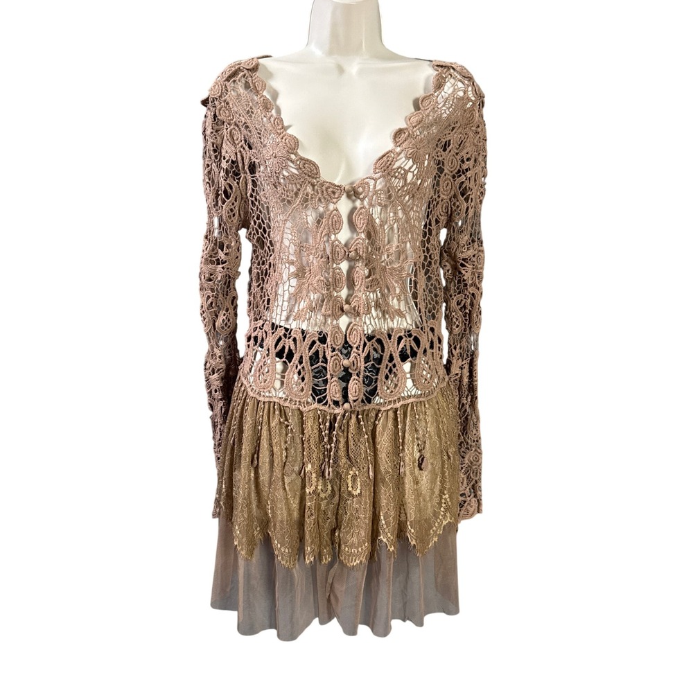 Ryu Crochet Lace Tiered Dress Cardigan Brown S/M NWT Y2K Fairycore Boho Festiva